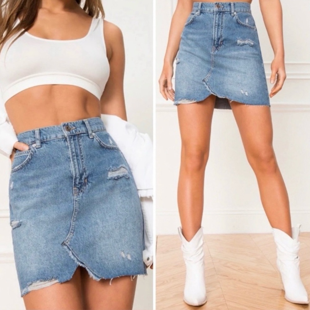 Free People Hallie Denim Jean Distressed Mini Skirt - 100% Cotton